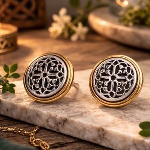 Brighton Retired Celtic Knot Stud Earrings Two Tone Gold Silver Filigree